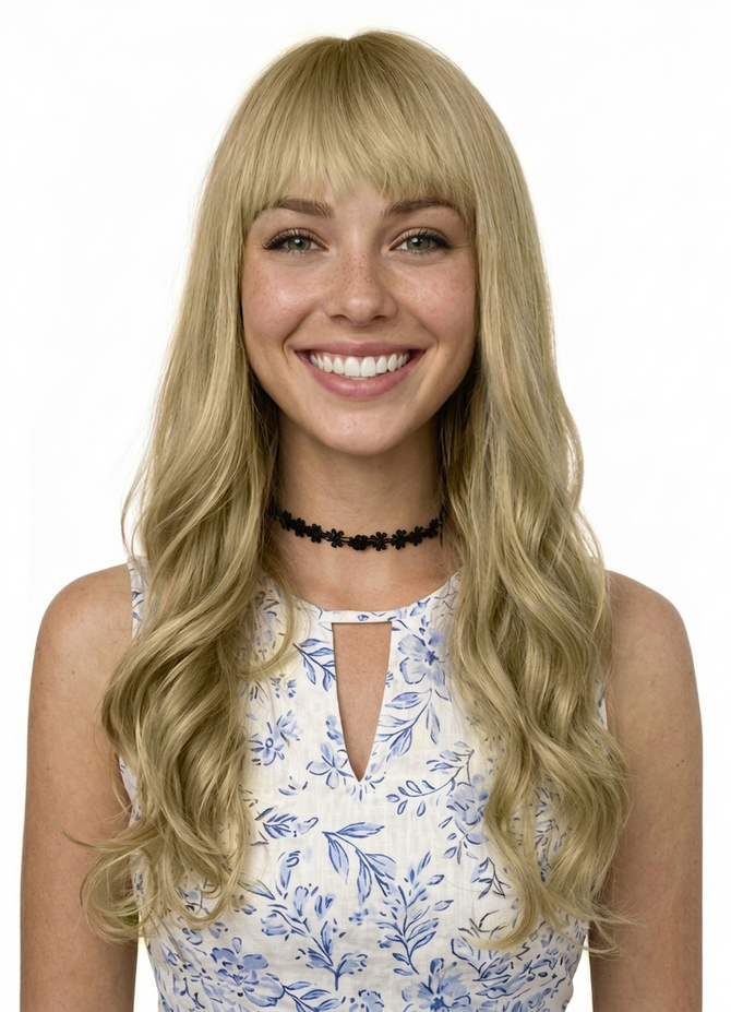 ARIA - Lace Front Dark Ash Blonde Wavy Wig with Fringe - by Queenie Wigs