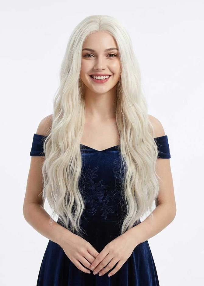 ALICE - Lace Front Platinum White Blonde Long Wavy Wig - by Queenie Wigs
