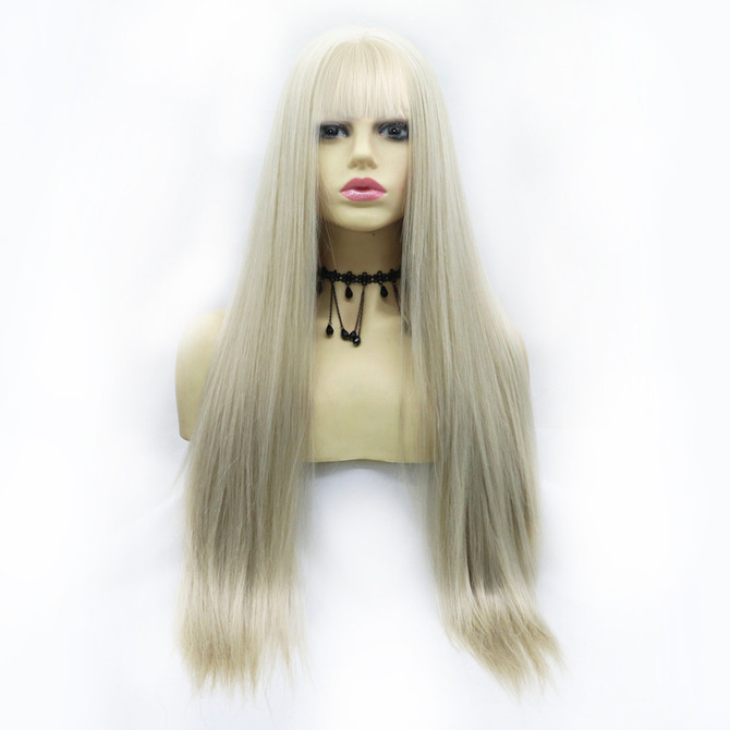 EVEREST - Lace Front Ice Ash Blonde Long Straight Wig with Fringe - by Queenie Wigs