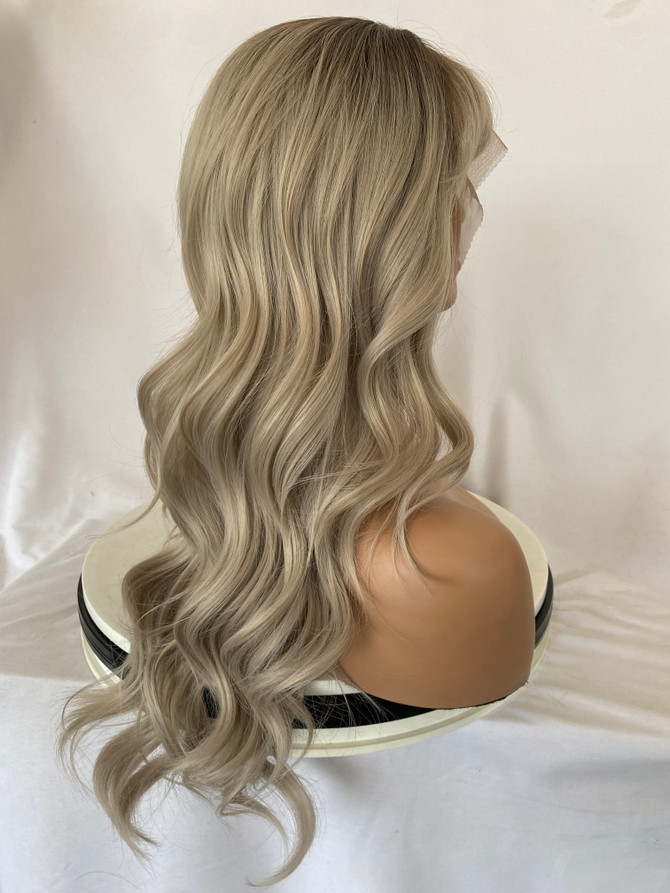 ALLEGRA - Lace Front Ombre Ash Blonde Curls with Fringe - by Queenie Wigs
