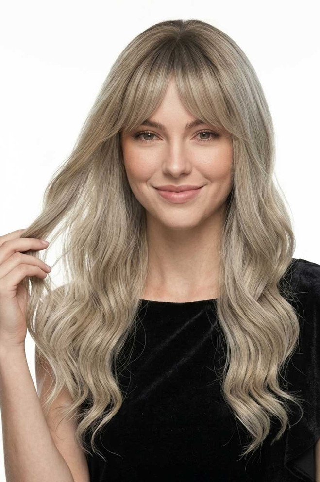 ALLEGRA - Lace Front Ombre Ash Blonde Curls with Fringe - by Queenie Wigs