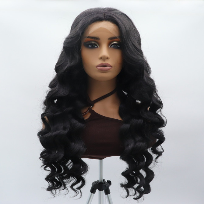 RAIN - Lace Front Long Black Curly Wig - by Queenie Wigs