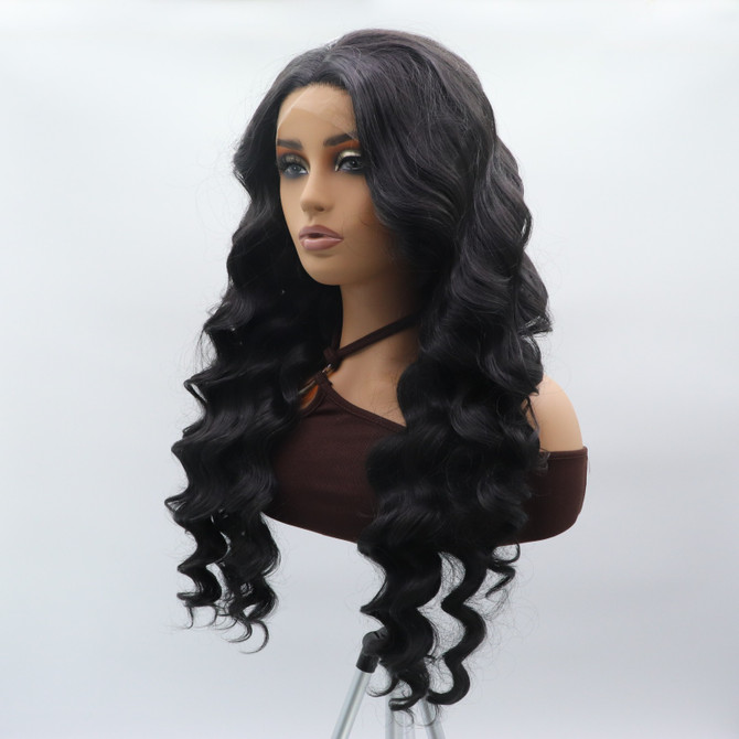 RAIN - Lace Front Long Black Curly Wig - by Queenie Wigs