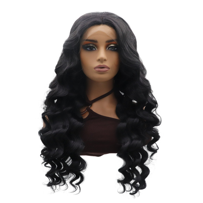 RAIN - Lace Front Long Black Curly Wig - by Queenie Wigs