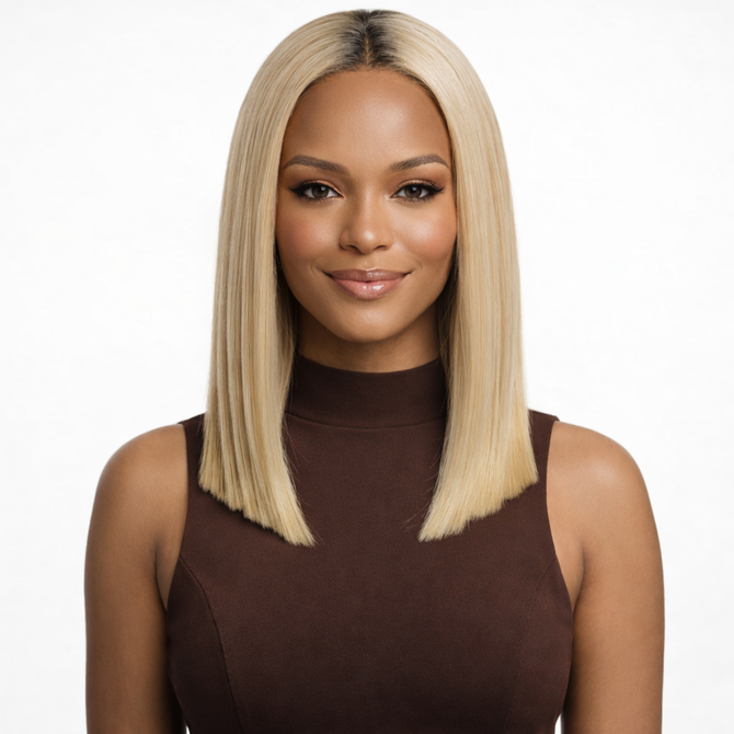 PARIS - Lace Front Light Blonde with Dark Roots Straight Wig - by Queenie Wigs