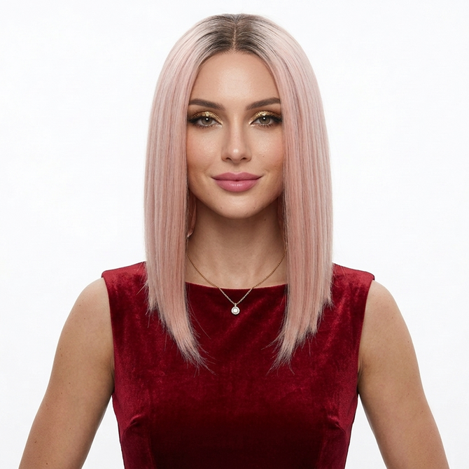 KITTY - Lace Front Dusty Pink with Dark Roots Straight Wig - by Queenie Wigs