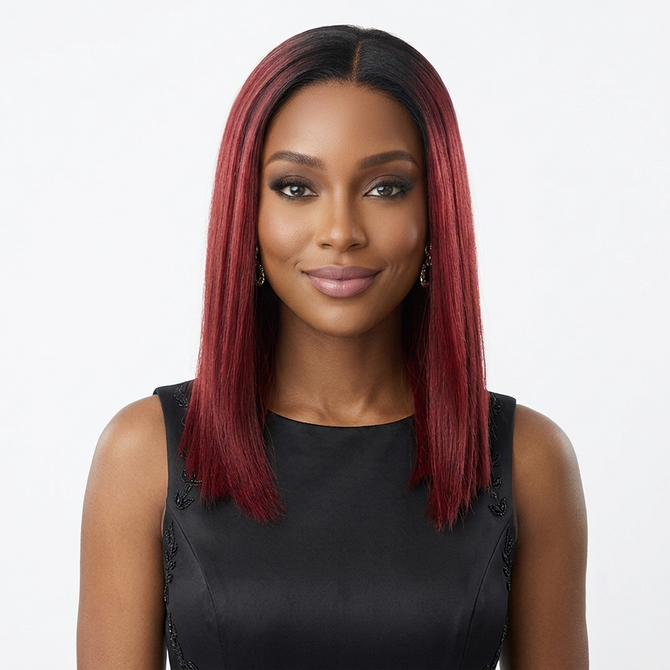 VERITY - Lace Front Burgundy with Dark Roots Straight Wig - by Queenie Wigs