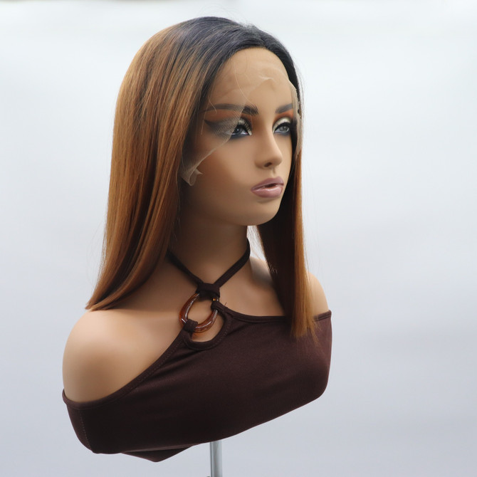 SUNNY - Lace Front Auburn Brown with Dark Roots Straight Wig - by Queenie Wigs