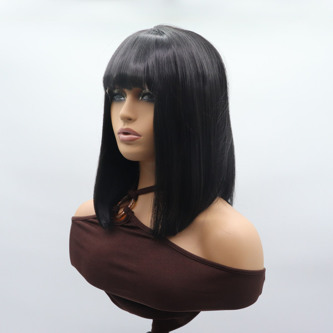PRISCILLA - Lace Front Long Black Bob with Full Fringe - by Queenie Wigs