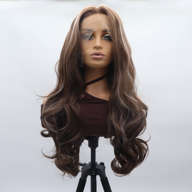 DAWN - Lace Front Medium Brown with Blonde Highlights Long Wavy Wig - by Queenie Wigs