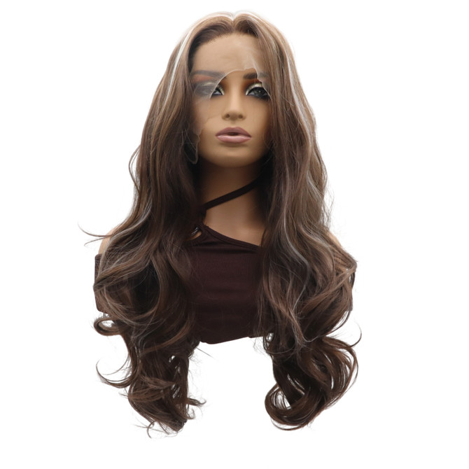 DAWN - Lace Front Medium Brown with Blonde Highlights Long Wavy Wig - by Queenie Wigs