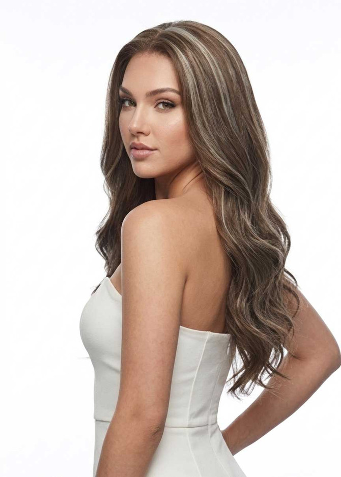 DAWN - Lace Front Medium Brown with Blonde Highlights Long Wavy Wig - by Queenie Wigs