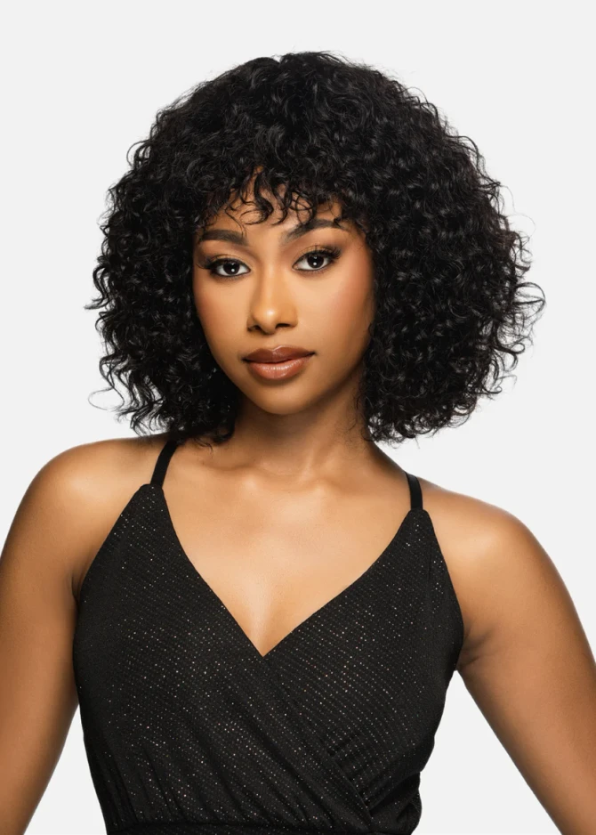SHARON - 100% Brazilian Remi Natural Human Hair 11 inch Curly Bob with Bangs - by Vivica Fox in 1 BLACK