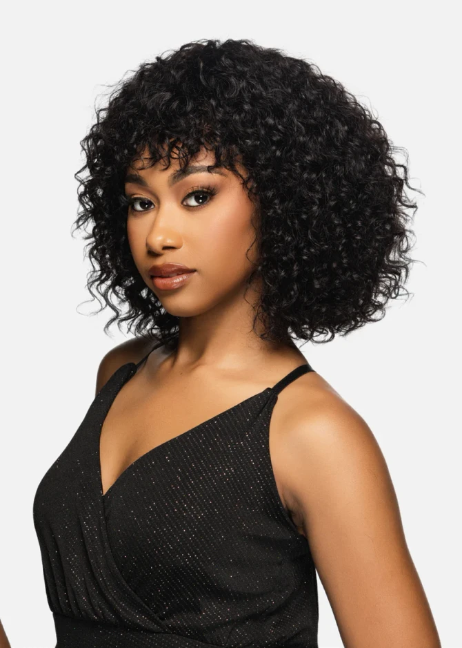 SHARON - 100% Brazilian Remi Natural Human Hair 11 inch Curly Bob with Bangs - by Vivica Fox in 1 BLACK