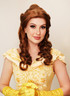 Princess Belle from beauty and the Beast inspired deluxe costume wig with brown bun and soft curls.