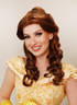 Princess Belle from beauty and the Beast inspired deluxe costume wig with brown bun and soft curls.