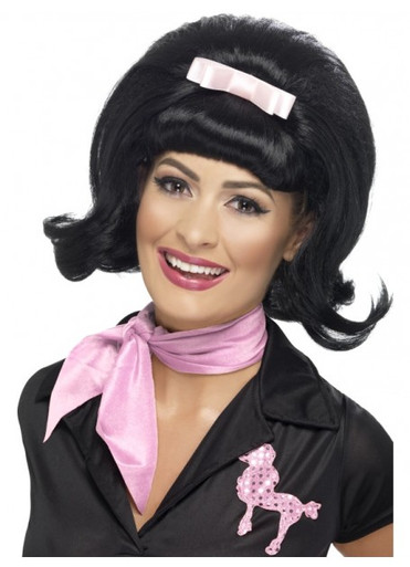 50's Flicked Beehive Hairspray Black Bob Costume Wig - The Wig Outlet