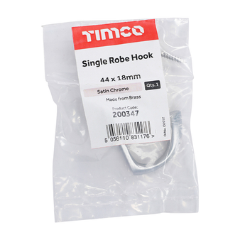 Timco Single Robe Hook Satin Chrome - 44 x 18mm (1 Pack Bag) (200347)