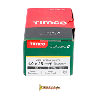 Timco Classic Multi-Purpose Double Countersunk Gold Woodscrews PZ2 - 4.0 x 25mm (200 Box)