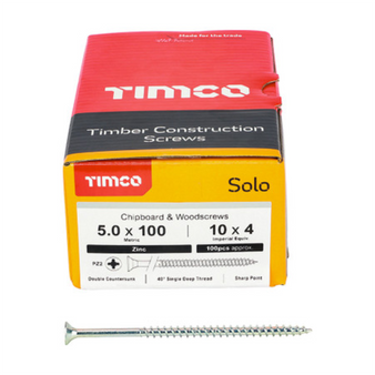 Timco Solo Double Countersunk Silver Woodscrews - 5.0 x 100 (50100SOLOZ)