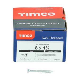 Timco Twin-Threaded Double Countersunk Silver Woodscrews - 8 x 1 3/4 (08134CWZ)