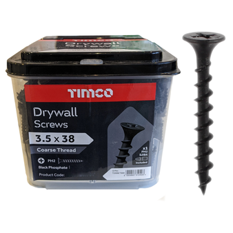 Timco Plasterboard Screws Coarse Thread (Black) - 3.5 x 38mm (1500 Pack Tub) (00038DRYCT)