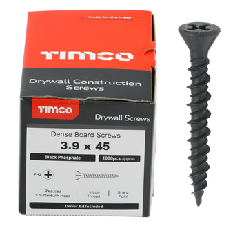 Timco Dense Plasterboard Screws High-Low Thread (Black) - 3.9 x 45mm (1000 Pack Box) (00045DRYD)