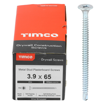 Timco Silver Drywall Bugle Head Screws (Self Drilling) - 3.9 x 65mm (500 Pack) (00065PSDD)