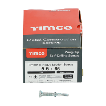 Timco Phillips Recess Steel Wing-Tip Self Drilling Screw for Heavy Section 5.5 x 65mm (200 Box)