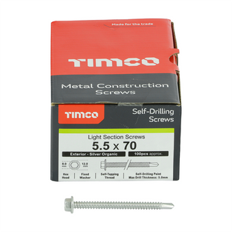 Timco Self Drilling Hex Head Roofing Screws for Light Section Steel (Silver) - 5.5 x 70mm (100 Pack Box) (L70B)