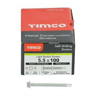 Timco Self Drilling Hex Head Roofing Screws for Light Section Steel (Silver) - 5.5 x 100mm (100 Pack Box) (L100B)