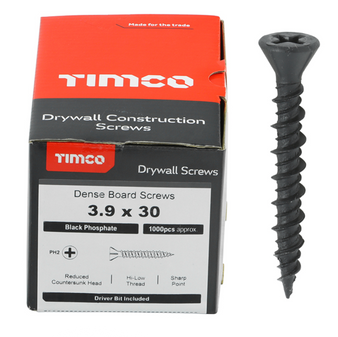 Timco Dense Plasterboard Screws High-Low Thread (Black) - 3.9 x 30mm (1000 Pack Box) (00030DRYD)