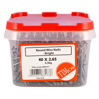 TIMco Round Wire Nails - Bright (40 x 2.65mm) 2.5kg Tub (BRW40T)