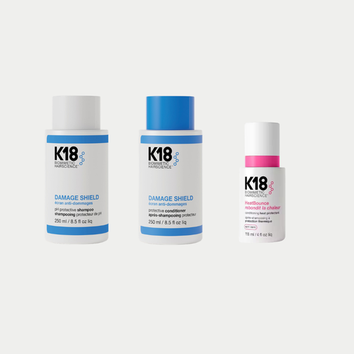 K18 Damage Shield pH Shampoo 250 ml, K18 Damage Shield Conditioner 250 ml & K18 HeatBounce Heat Protectant 118 ml