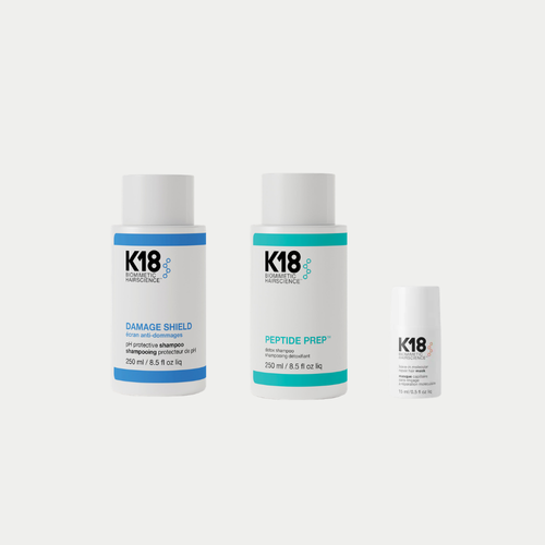 K18 Damage Shield pH Shampoo 250 ml, K18 Peptide Prep Detox Shampoo 250 ml & K18 Leave-In Molecular Repair Mask 15 ml