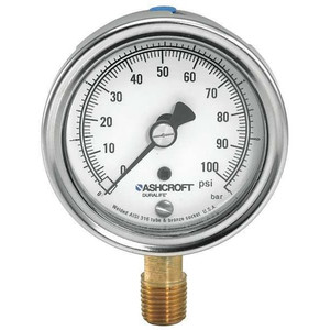 Industrial Pressure Gauge, 0 to 160 psi, 1/4 in MNPT, Stainless Steel, Metallic - 251009AWL02L160#