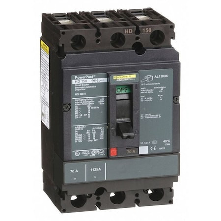Molded Case Circuit Breaker, HDL Series, 70A, 3 Pole, 600V AC, 25kA at 240V AC - HDL36070