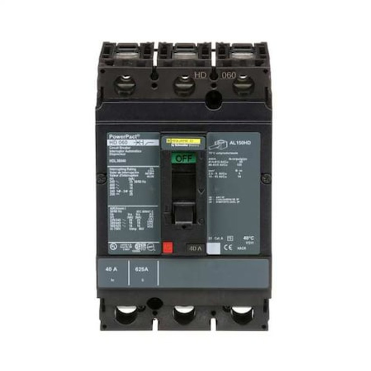 Molded Case Circuit Breaker, HDL Series, 40A, 3 Pole, 600V AC, 25kA at 240V AC - HDL36040