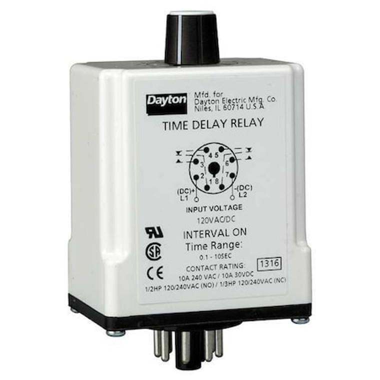 Time Delay Relay, 12VDC, 10A, DPDT, 0.6 sec. - 24EN66