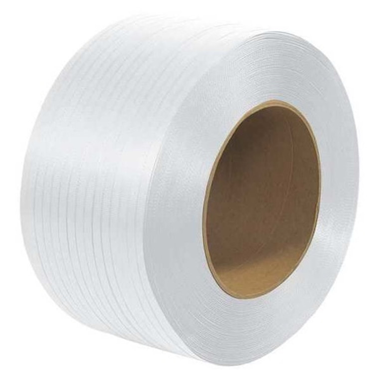 Polypropylene Strapping, Machine Grade, Embossed, 9" x 8" Core, 3/8" x 12900', White, 1/Coil - PS3818
