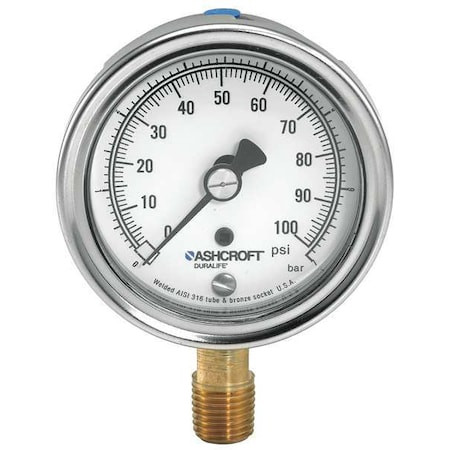 Pressure Gauge, 0 to 15 psi, 1/4 in MNPT, Stainless Steel, Silver - 251009AWL02L15#