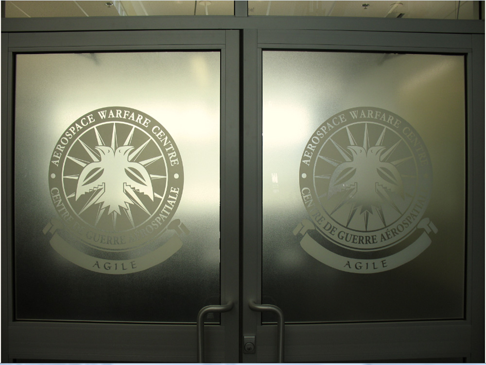 double entry doors with aerospace graphic