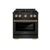 ZLINE 5-Piece Appliance Package - 30-Inch Paramount Gas Range, Wall Mount Range Hood, 36-Inch French Door Refrigerator with Water Dispenser, Dishwasher, and 24-Inch Microwave Drawer in Black Stainless Steel with Champagne Bronze Accents