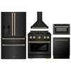 ZLINE 5-Piece Appliance Package - 30-Inch Paramount Gas Range, Wall Mount Range Hood, 36-Inch French Door Refrigerator with Water Dispenser, Dishwasher, and 24-Inch Microwave Drawer in Black Stainless Steel with Champagne Bronze Accents
