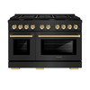 ZLINE 5-Piece Appliance Package - 48-Inch Paramount Dual Fuel Range, Wall Mount Range Hood, 36-Inch French Door Refrigerator with Water Dispenser, Dishwasher, and 30-Inch Microwave Drawer in Black Stainless Steel with Gold Accents