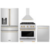 ZLINE 4-Piece Appliance Package - 30-Inch Paramount Autograph Dual Fuel Range, Wall Mount Range Hood, 36-Inch French Door Refrigerator with Water Dispenser, Dishwasher, in Stainless Steel with Gold Accents