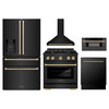 ZLINE 5-Piece Appliance Package - 36-Inch Paramount Dual Fuel Range, Wall Mount Range Hood, 36-Inch French Door Refrigerator with Water Dispenser, Dishwasher, and 30-Inch Microwave Drawer in Black Stainless Steel with Champagne Bronze Accents