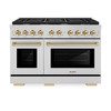 ZLINE 5-Piece Appliance Package - 48-Inch Paramount Autograph Gas Range, Wall Mount Range Hood, 36-Inch French Door Refrigerator, Dishwasher, and 30-Inch Microwave Drawer in Stainless Steel with Gold Accents