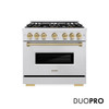 ZLINE Autograph 36-Inch 5.2 Cu. Ft. Classic Dual Fuel Range with 6 Burner DuoPro™ Cooktop and Oven in Satin Stainless and Champagne (PCDRSZ-36-CB)