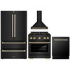 ZLINE 4-Piece Appliance Package - 30-Inch Paramount Gas Range, Wall Mount Range Hood, 36-Inch French Door Refrigerator, Dishwasher, in Black Stainless Steel with Gold Accents